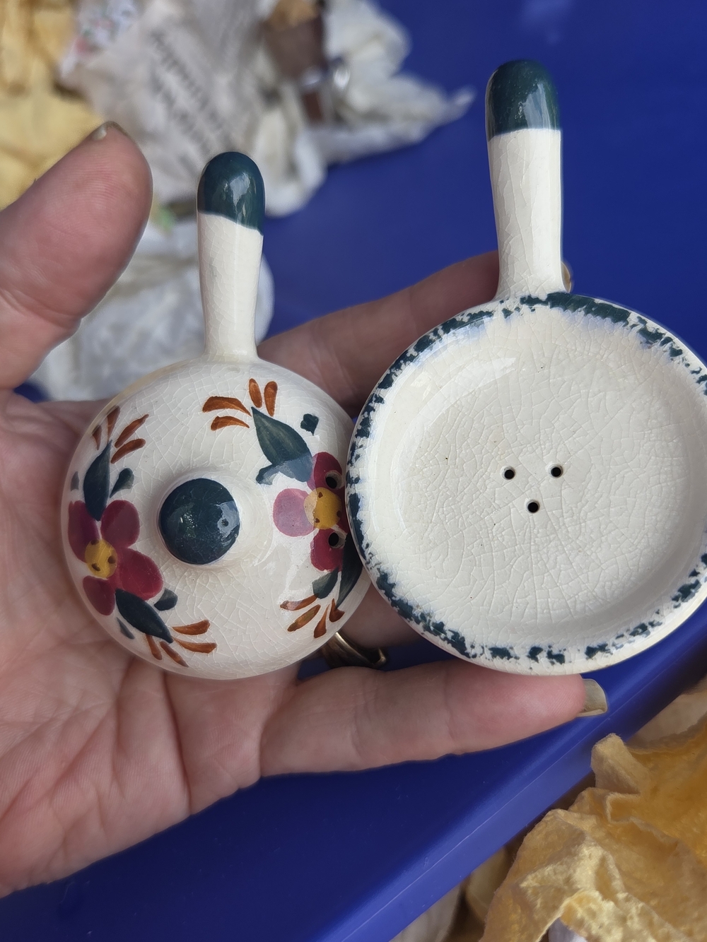 Double Boiler Shaped Salt and Pepper Shakers ~ Ceramic ~ Green, Red Floral Japan